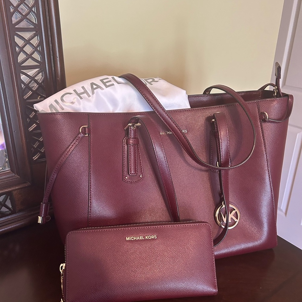 Michael Kors Burgundy Tote and Wallet Set